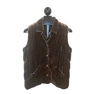 J. Jill Brown Quilted Velvet Vest Silk Lining Button Front Womens Large